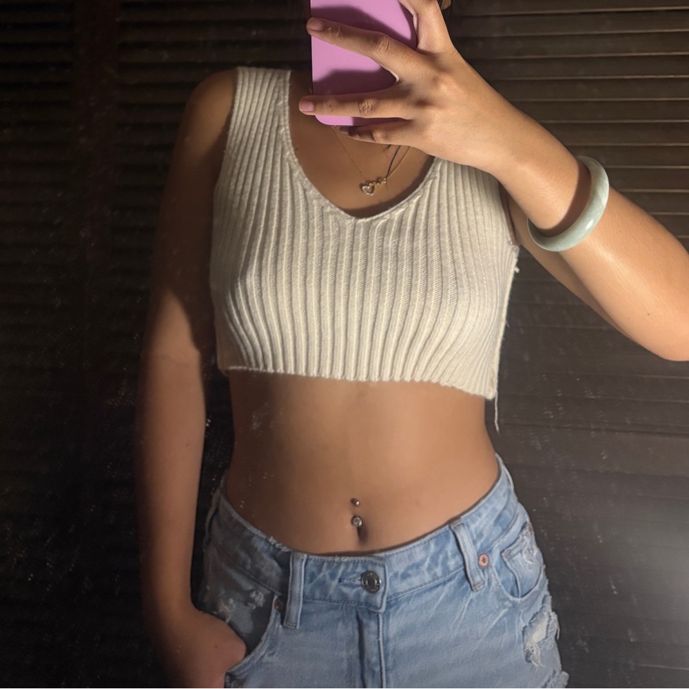 White Ribbed Knit Crop Top